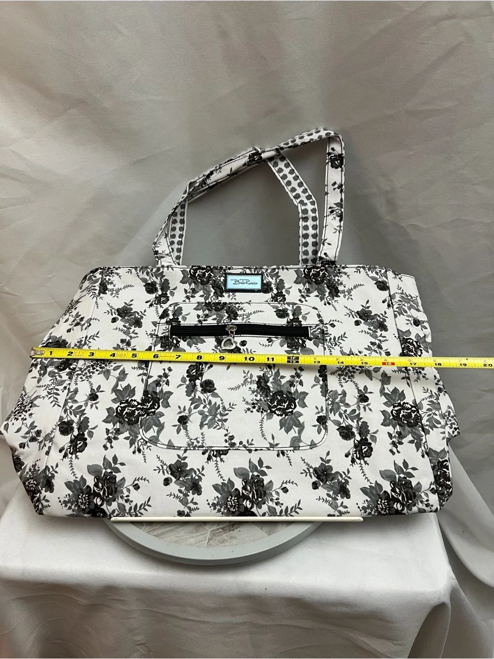Bella Russo Black White Floral Large Tote Bag Heart Charm Shoulder Bag